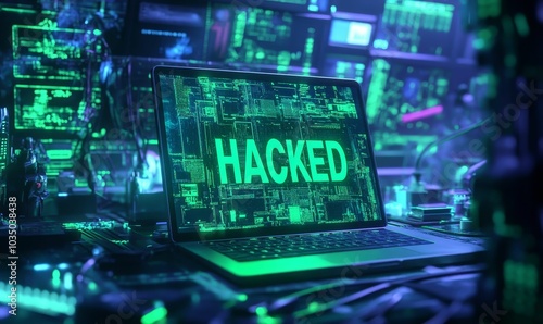 Laptop screen displays "HACKED" in green.