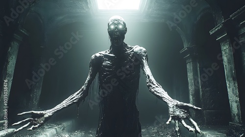 Eerie Monster in Dark Abandoned Setting photo