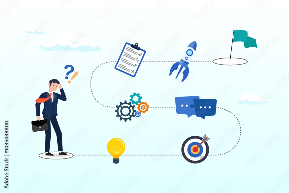 Winning plan to success, strategy step to reach success, career journey, project management or idea development, challenge, flowchart to succeed concept, businessman walk on winning plan journey Winning plan to success, strategy step to reach success, career journey, project management or idea development, challenge, flowchart to succeed concept, businessman walk on winning plan journey