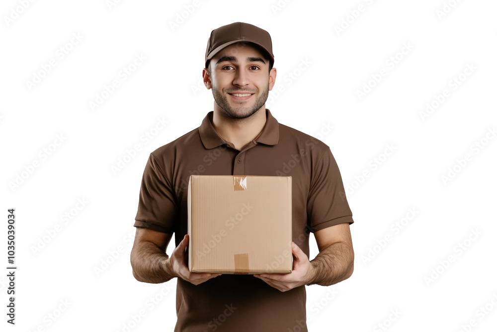 A male delivery driver wearing a brown uniform with a cap, holding a medium-sized cardboard package in both hands. A male delivery driver wearing a brown uniform with a cap, holding a medium-sized cardboard package in both hands.