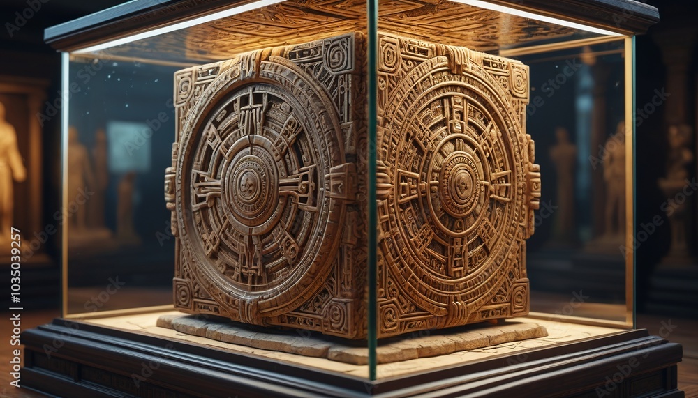 Obraz premium An ancient relic of the lost civilization, intricately carved with symbols of power, displayed in a glass case, Generative AI