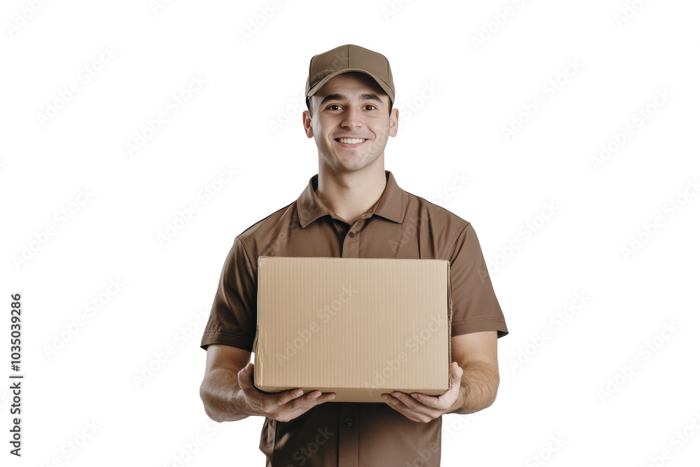 A male delivery driver wearing a brown uniform with a cap, holding a medium-sized cardboard package in both hands. A male delivery driver wearing a brown uniform with a cap, holding a medium-sized cardboard package in both hands.