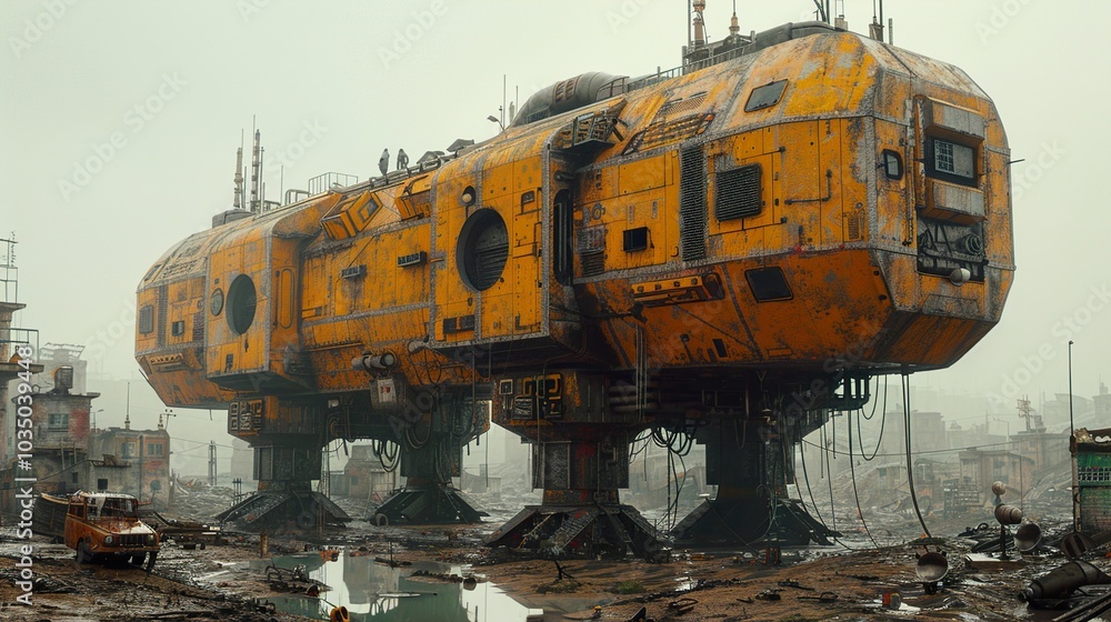 Futuristic Cityscape with Walking Spaceship Futuristic Cityscape with Walking Spaceship