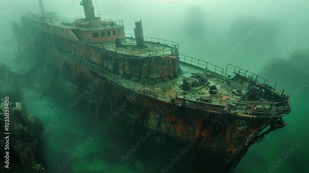 Eerie Underwater Shipwreck in Green Waters Eerie Underwater Shipwreck in Green Waters