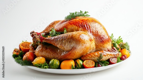 Roasted turkey with garnish on a platter, ready for Thanksgiving dinner. Isolated white background