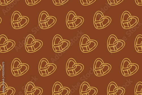 pretzel baked pastry with love shape pattern on brown background. doodle pretzel outline symbol seamless pattern background. retro heart pretzel shape seamless pattern for decor and merchandise