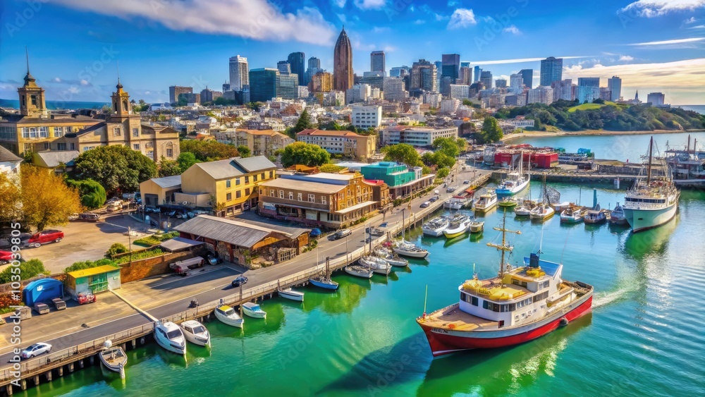 Obraz premium The scenic waterfront at Fisherman's Wharf highlights a fishing boat moored peacefully, with a captivating city skyline and bridge providing a breathtaking backdrop.