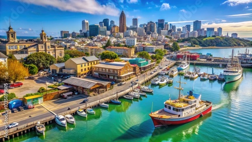 The scenic waterfront at Fisherman's Wharf highlights a fishing boat moored peacefully, with a captivating city skyline and bridge providing a breathtaking backdrop.