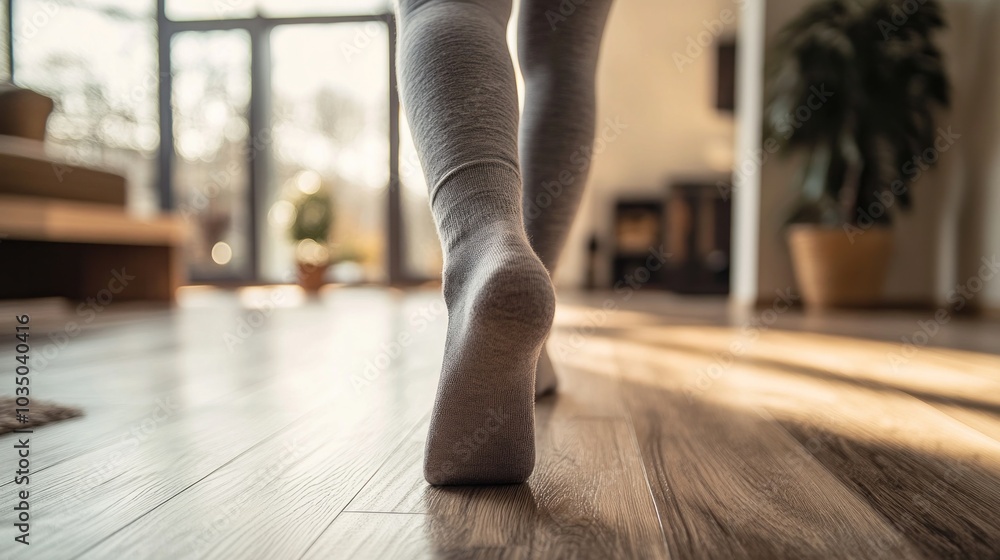 A person is walking on a wooden floor wearing socks. The floor is made of wood and has a natural look A person is walking on a wooden floor wearing socks. The floor is made of wood and has a natural look