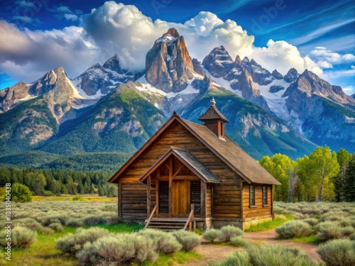 The serene Chapel of the Transfiguration, framed by the majestic snowcapped Tetons, stands as a symbol of tranquility in Grand Teton National Park, Wyoming.