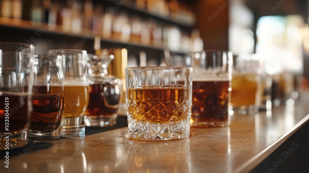A row of glasses with different colored liquids in them. The glasses are lined up on a counter A row of glasses with different colored liquids in them. The glasses are lined up on a counter