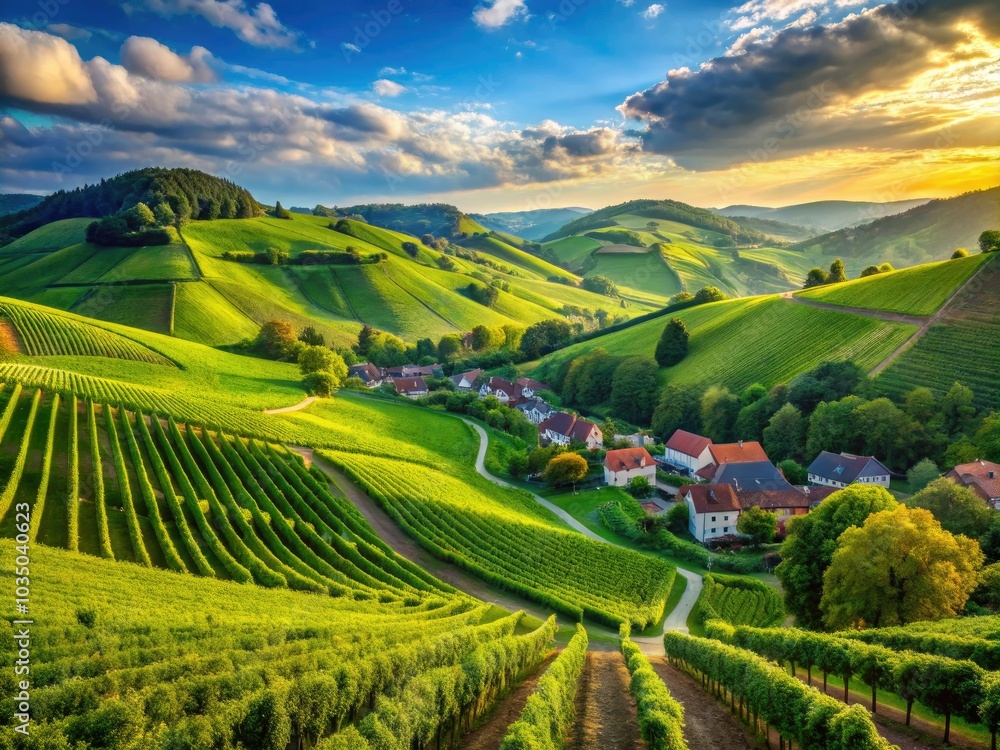Fototapeta premium The serene landscape of Ortenau Valley features breathtaking vineyards alongside lush green hills, creating a picturesque setting that evokes tranquility and natural beauty all around.