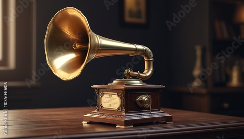 A vintage phonograph with a gleaming horn, symbolizing a bygone era of music, resting on a shadowy table, Generative AI photo