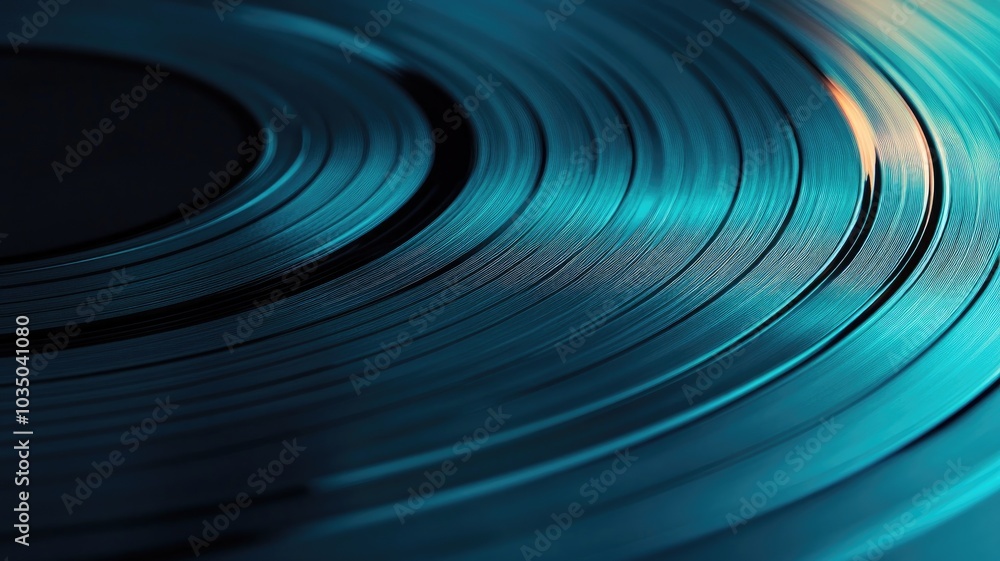 Close-up of vinyl record with grooves, lit by soft blue light Close-up of vinyl record with grooves, lit by soft blue light