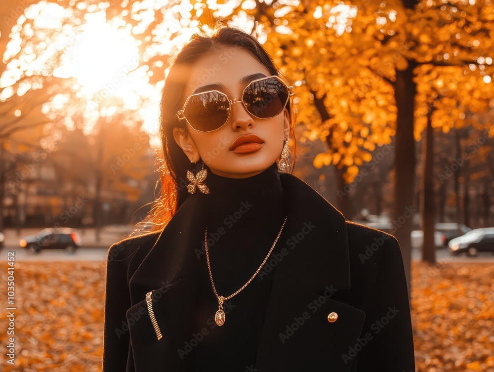 Chic modern fall fashion featuring a structured coat, knee-high boots, and warm golden light ambiance. Chic modern fall fashion featuring a structured coat, knee-high boots, and warm golden light ambiance.