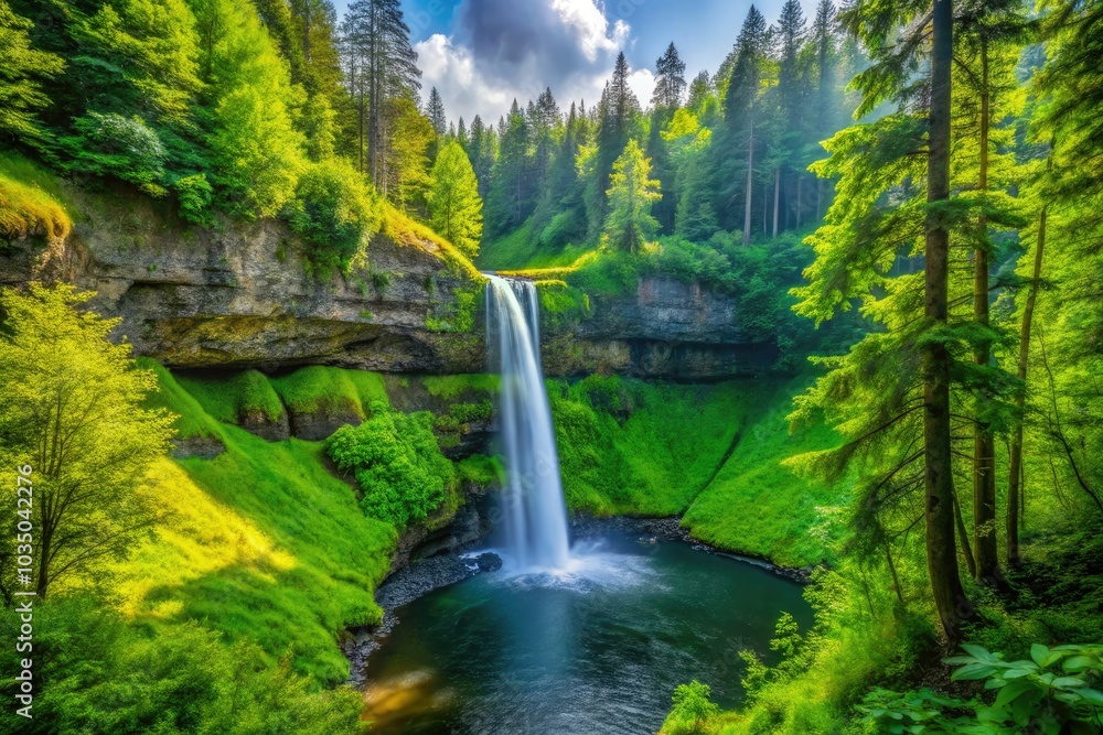 The South Falls in Silver Falls State Park pours cascading water, surrounded by lush greenery, creating a breathtaking scene of Oregon's enchanting landscape. The South Falls in Silver Falls State Park pours cascading water, surrounded by lush greenery, creating a breathtaking scene of Oregon's enchanting landscape.