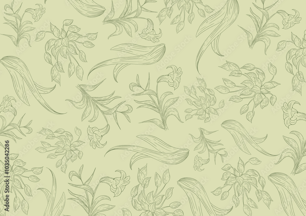 Fototapeta premium seamless floral pattern. hand drawn outline plan on green color background