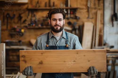 Male carpenter in overalls holding a wooden board.