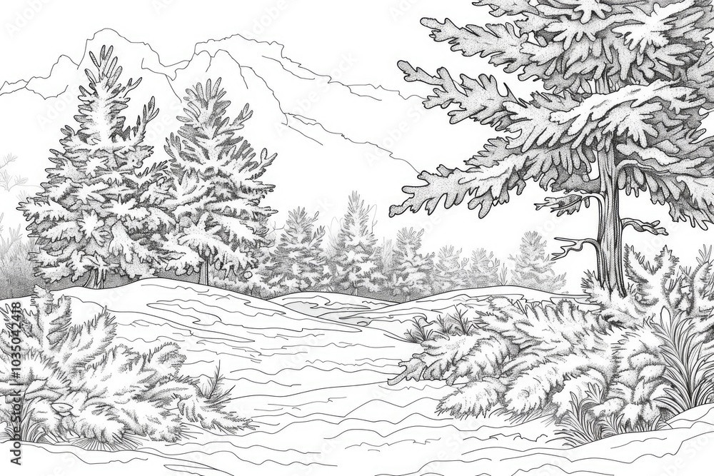 Obraz premium Coloring book illustration of a winter landscape with frozen trees and hoarfrost