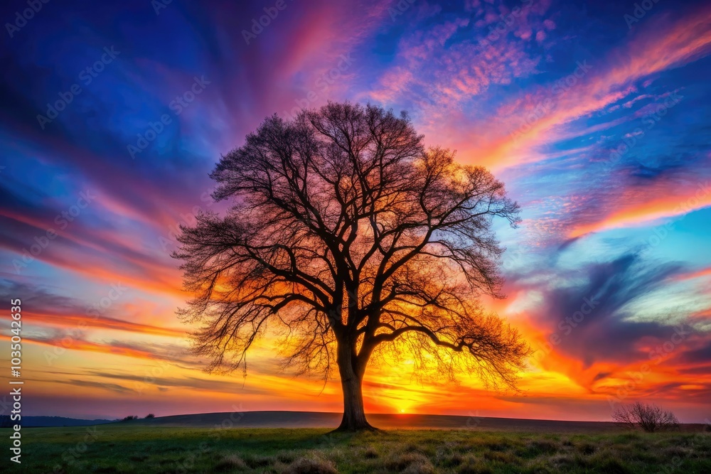 Obraz premium The stark outline of a bare tree contrasts beautifully with a vivid sunset palette, evoking tranquility in the picturesque nature scene enveloping the moment.