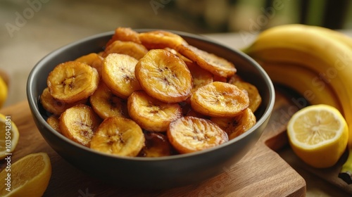 Wallpaper Mural A bowl of banana chips with a lemon on a wooden cutting board Torontodigital.ca