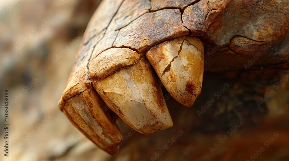 Close-up of Fossilized Animal Jaw with Cracked Teeth