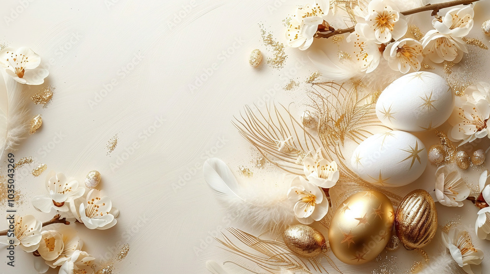 White and gold Easter egg and flowers isolated white background, Easter day celebration concept White and gold Easter egg and flowers isolated white background, Easter day celebration concept