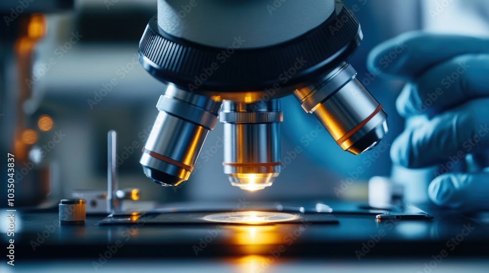 A person is looking through a microscope. The microscope has a blue lens. The person is wearing gloves A person is looking through a microscope. The microscope has a blue lens. The person is wearing gloves