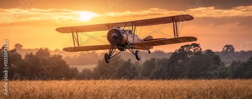 Biplane Flying Low Over Golden Field at Sunset