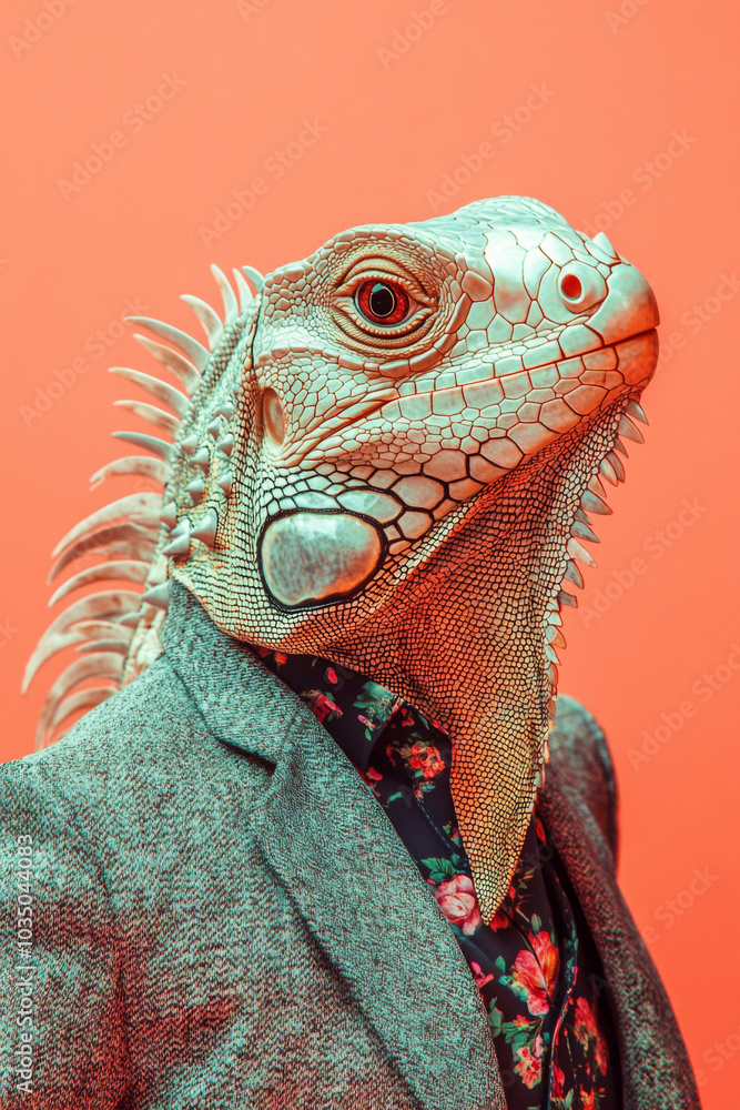 Surreal image of iguana wearing coat. Creative portrait of wild animal on pink background. Anthropomorphic animal Surreal image of iguana wearing coat. Creative portrait of wild animal on pink background. Anthropomorphic animal
