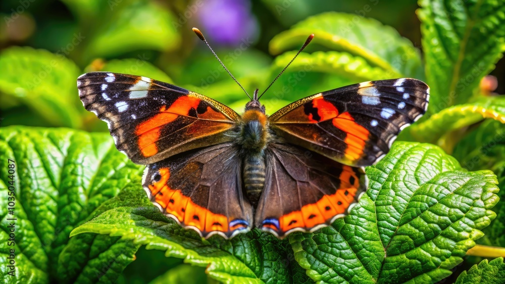 The stunning Red Admiral Butterfly lounges on verdant foliage, displaying its vivid hue while blending beautifully into the lush surroundings of New Zealand's ecosystem. The stunning Red Admiral Butterfly lounges on verdant foliage, displaying its vivid hue while blending beautifully into the lush surroundings of New Zealand's ecosystem.