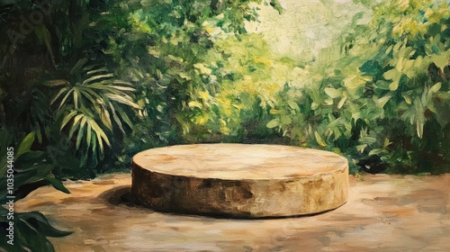 Oil painting of a stone podium on a floor in a lush garden setting with blurred greenery ideal for natural product display and tropical themed concepts