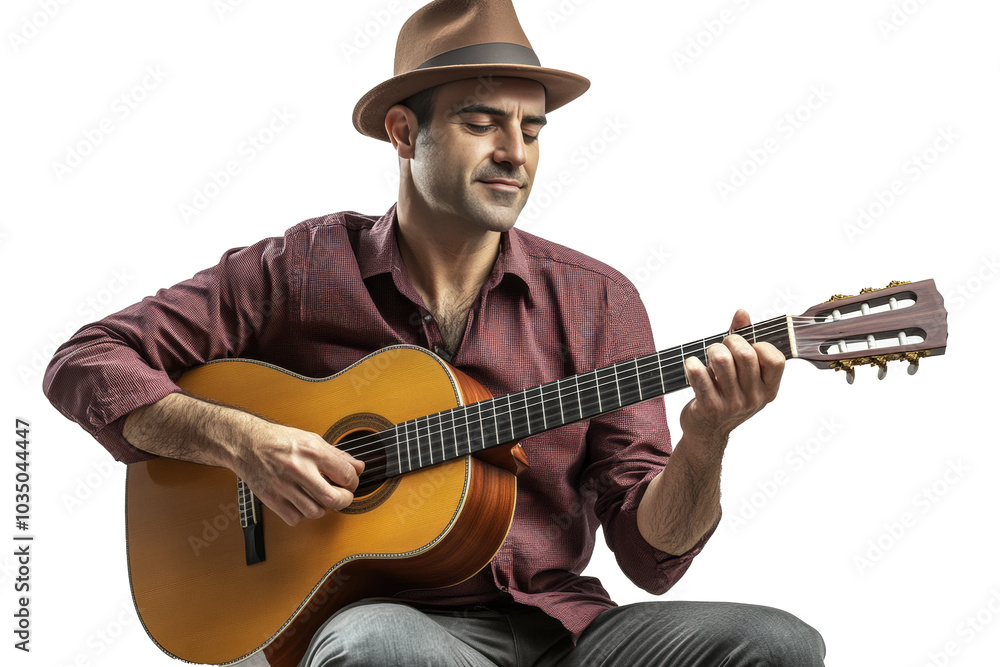 A male musician in casual clothes, sitting on a stool, strumming an acoustic guitar. A male musician in casual clothes, sitting on a stool, strumming an acoustic guitar.
