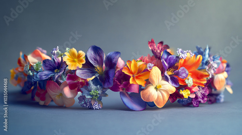 An artistic depiction of a flower crown made of colorful blooms, ideal for festivals and celebrations.