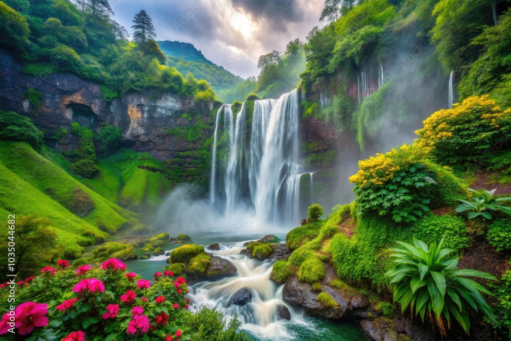 The stunning waterfall cascades gracefully from verdant cliffs, surrounded by a rich tapestry of vibrant plants, all shrouded in a soft, enchanting mist. The stunning waterfall cascades gracefully from verdant cliffs, surrounded by a rich tapestry of vibrant plants, all shrouded in a soft, enchanting mist.