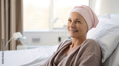 Portrait of the patient woman after chemotherapy female cancer patient wearing head scarf