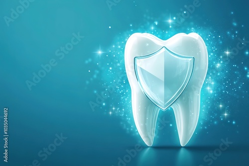 Shiny tooth with protective shield and sparkles on blue