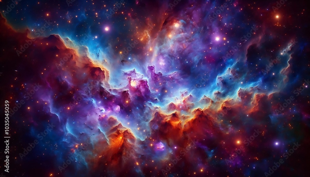 Fototapeta premium A breathtaking image of a vibrant nebula, showcasing cosmic clouds of gas and dust illuminated by glowing stars. The swirling mix of blues, purples, and oranges creates a mesmerizing celestial spectac