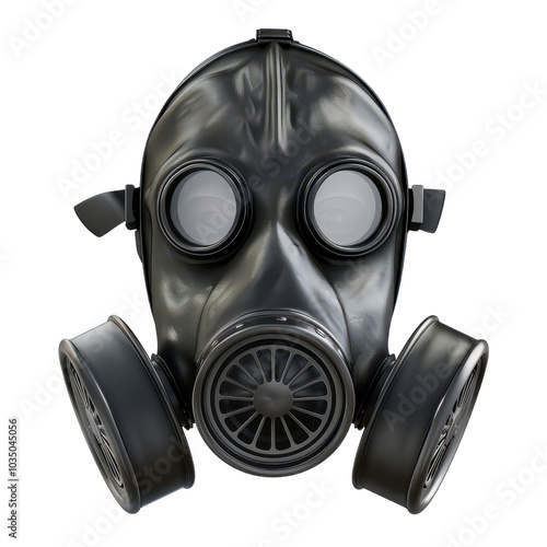 A close-up view of a black gas mask symbolizing safety and protection against hazardous environments.. Illustration, on transparent background png file