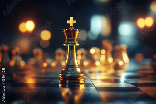 Obraz na płótnie Golden king chess piece is standing on chessboard with other chess figures in background. Concept of strategy and tactics for winning w salonie