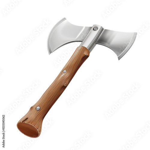 A close-up view of a double-headed axe showcasing its sharp blades and wooden handle, perfect for outdoor activities., on transparent background cutout photo