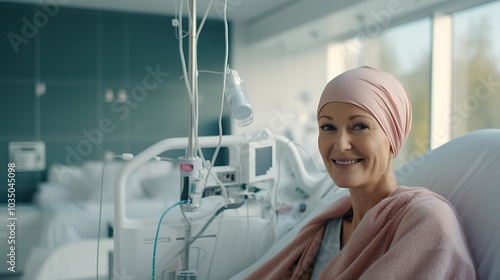 Portrait of the patient woman after chemotherapy female cancer patient wearing head scarf 