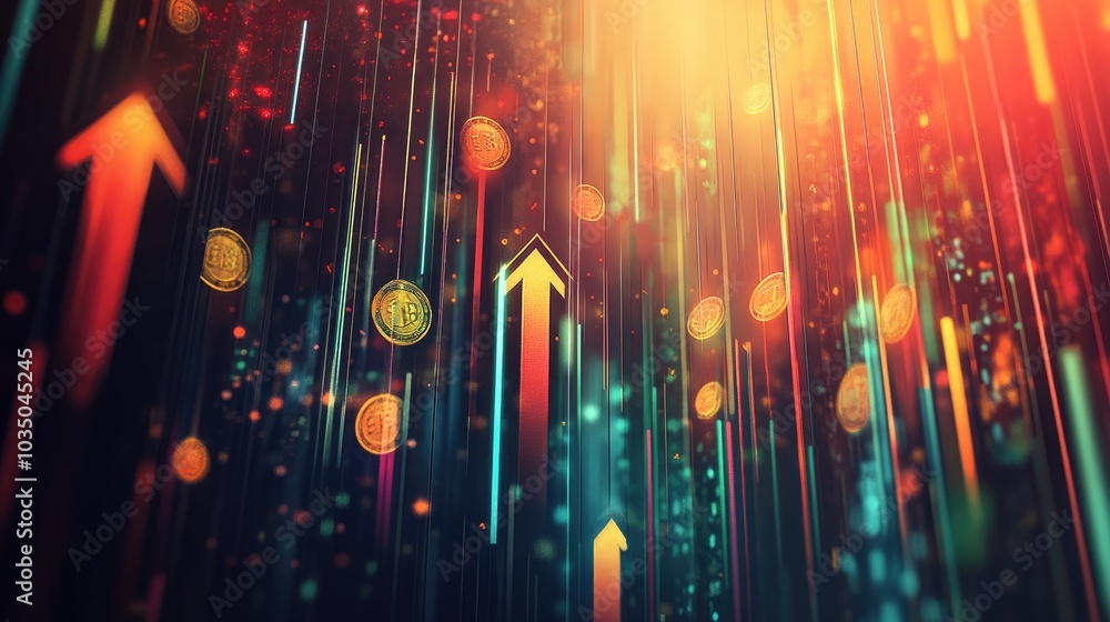 Fototapeta premium Digital coins and stock market arrows rising through a futuristic abstract landscape, symbolizing profitable investments and financial growth