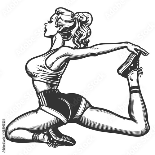 woman doing yoga stretching in workout clothing, pin-up style with fitness, sketch engraving generative ai fictional character vector illustration. Scratch board imitation. Black and white image.