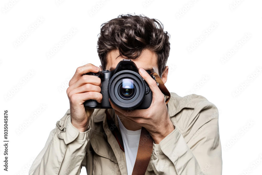 A male photographer in a casual outfit with a camera strap around his neck, holding a DSLR camera up to his eye as if taking a picture. A male photographer in a casual outfit with a camera strap around his neck, holding a DSLR camera up to his eye as if taking a picture.