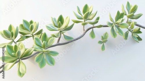 3D rendering of branches from a green succulent plant with slender stems against a white background