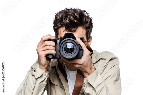 A male photographer in a casual outfit with a camera strap around his neck, holding a DSLR camera up to his eye as if taking a picture.
