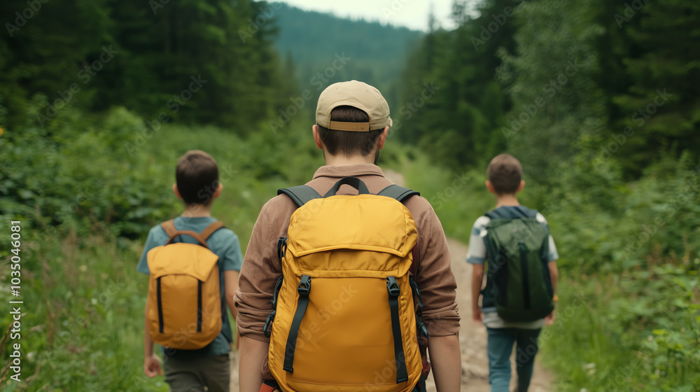 Kids hiking in forest with backpacks. Kids hiking in forest with backpacks.