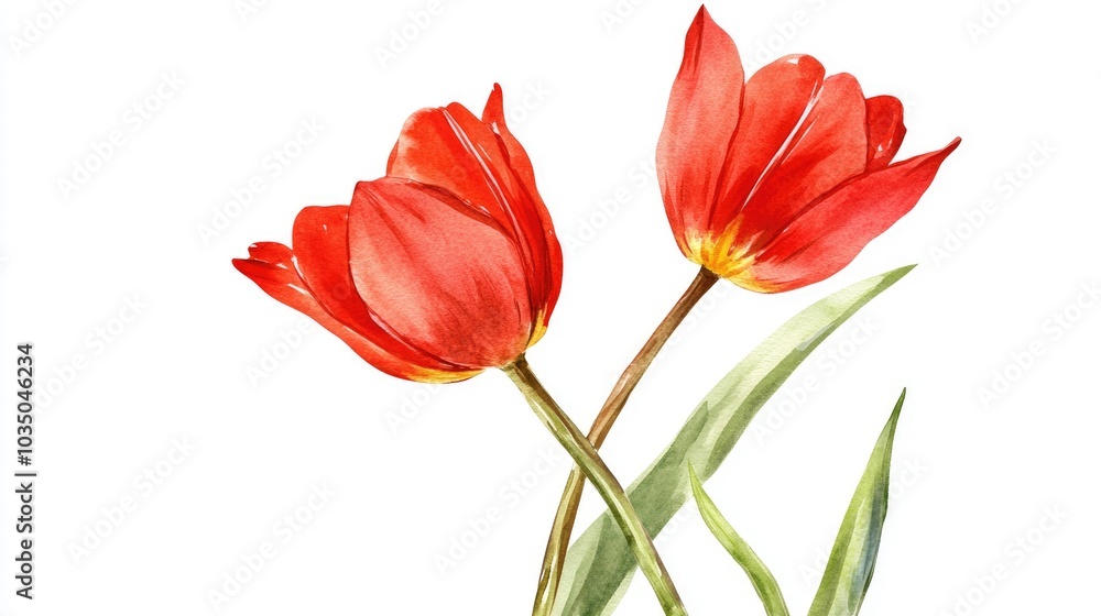 Hand painted illustration of two tulips in watercolor on a white background perfect for greeting cards Hand painted illustration of two tulips in watercolor on a white background perfect for greeting cards