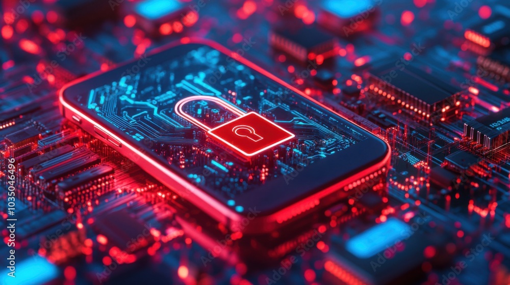 Smartphone with digital lock icon over circuit background Smartphone with digital lock icon over circuit background